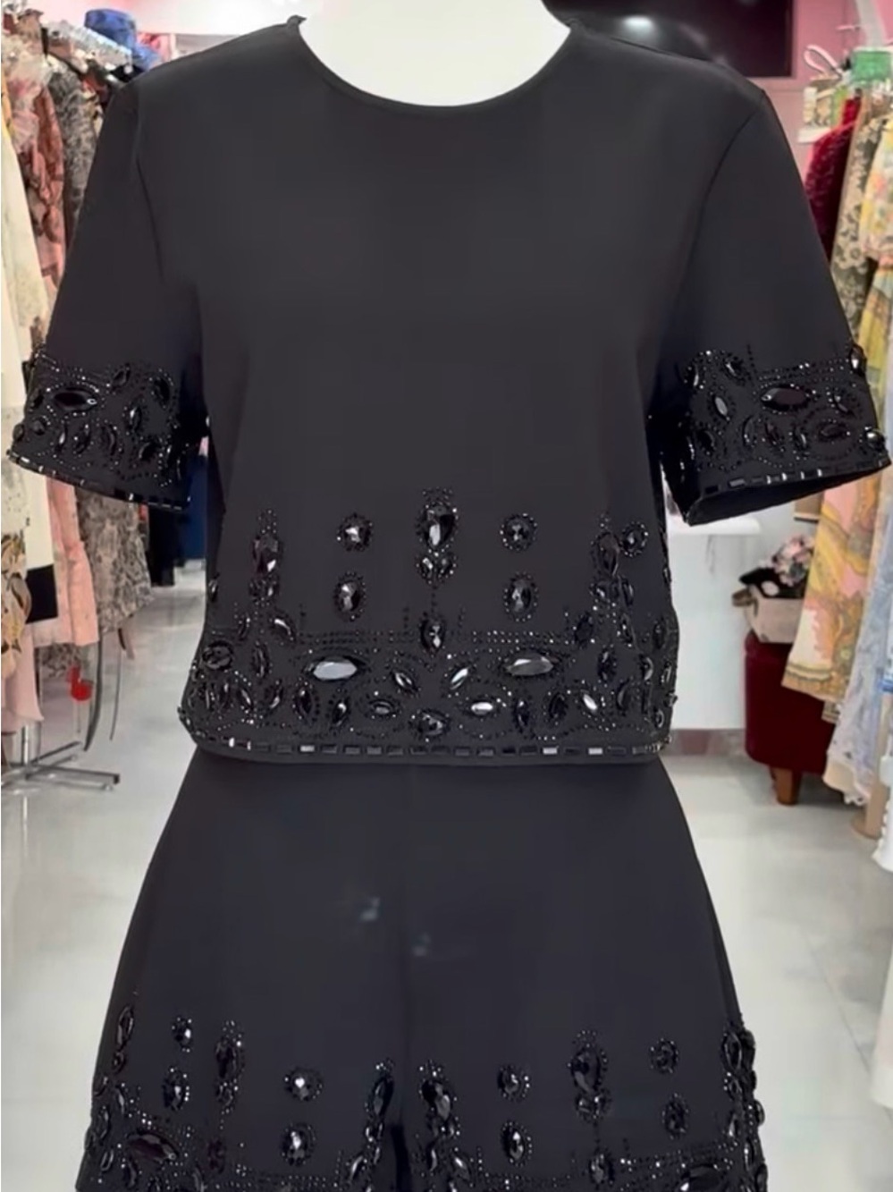 Black Beaded Two-Piece Crop Top and Short Set